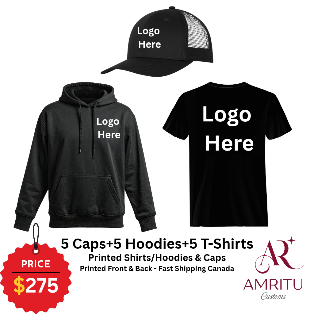 $275 for Business Starter Apparel Bundle – 5 Hoodies, 5 T-Shirts & 5 Custom Caps - Fast Shipping Canada