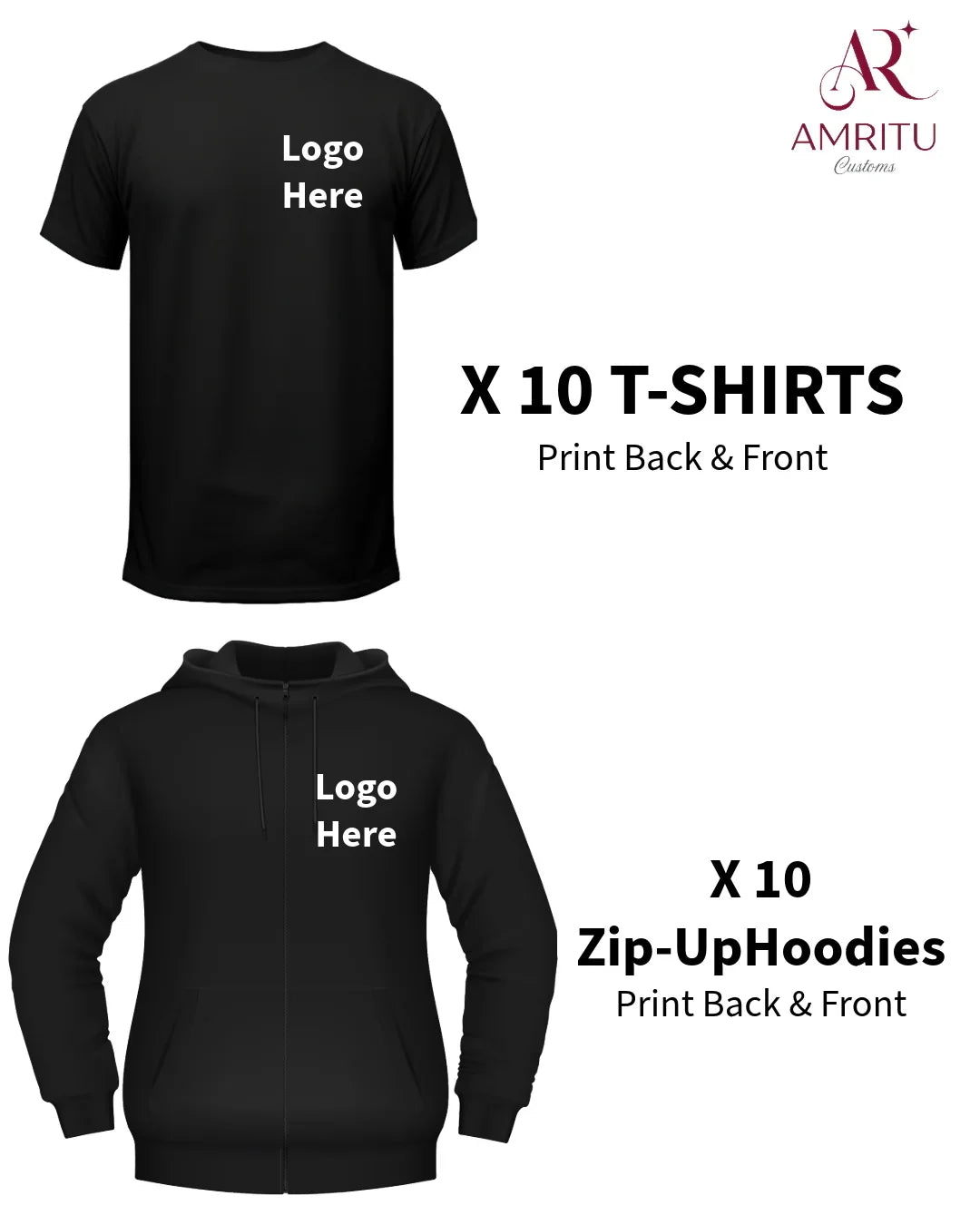 10 Custom T-Shirts + 10 Zip-Up Hoodies Bundle Deal