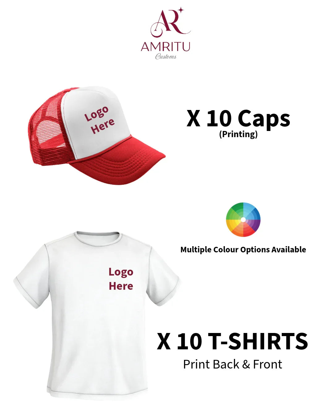10 Custom Caps + 10 Printed T-Shirts Bundle Deal